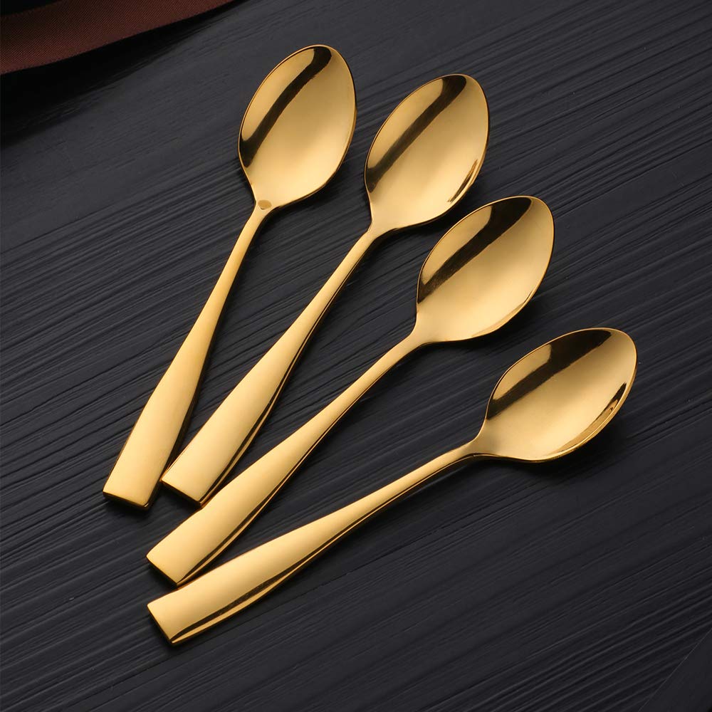 SUNSHENGEUR Lot de 12 mini cuillères à café en acier inoxydable, doré, 10,9 cm, motif autographe
