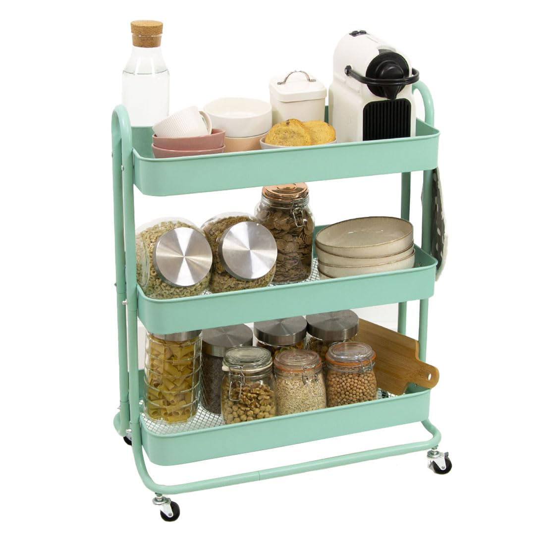 Craftelier - Duży metalowy wózek organizacyjny z 3 tacami | 4 kółka obrotowe o 360° z hamulcami | Całkowity rozmiar: 71,2 x 61 x 29 cm - Głębokość tac: 6,6 cm | kolor miętowy