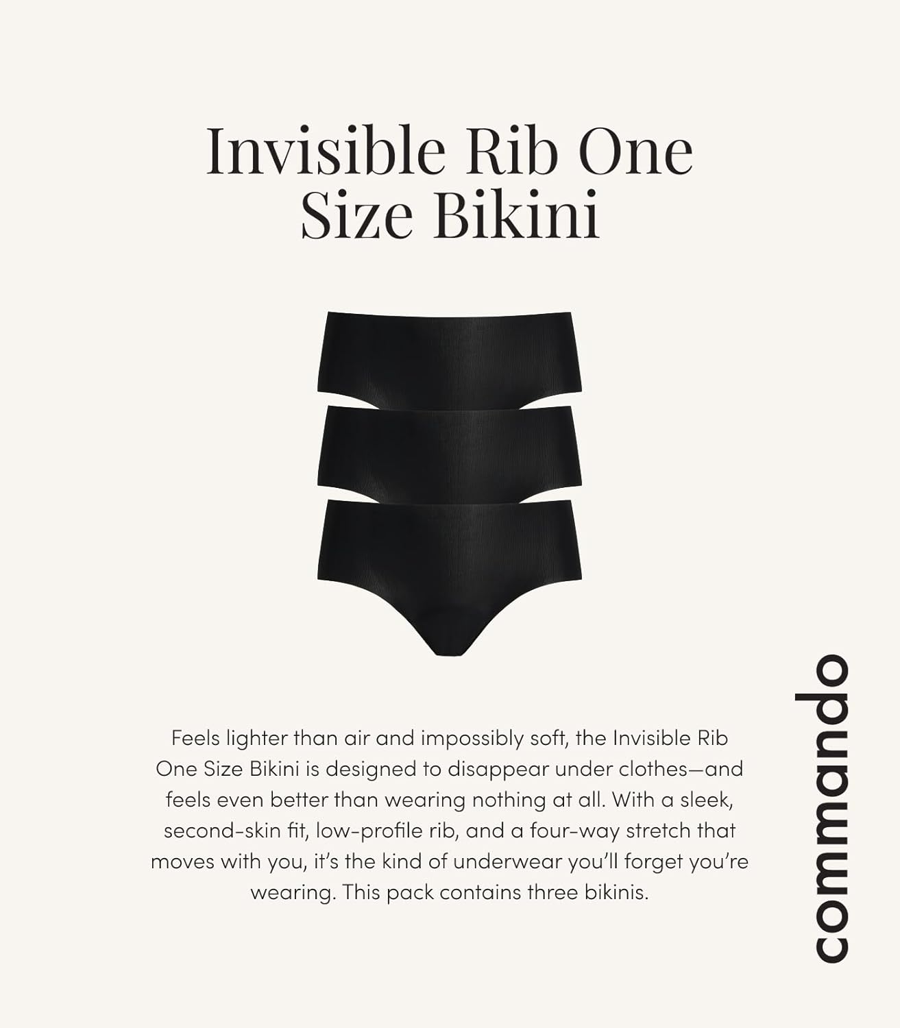 Commando Womens Invisible Rib One Size Bikini 3-Pack GP224 Black One Size