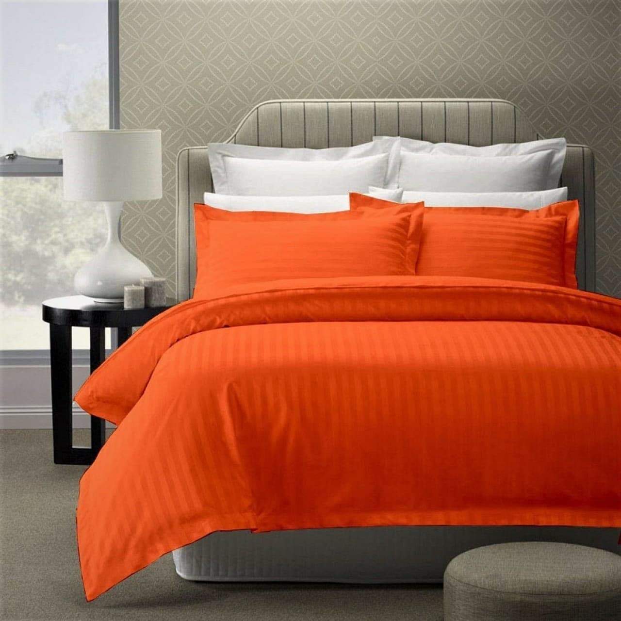 Glace Cotton Satin Striped Plain Color King Size Bedsheet for Double Bed with Two Pillow Covers (Orange, 90 x 100 Inch)-image-17