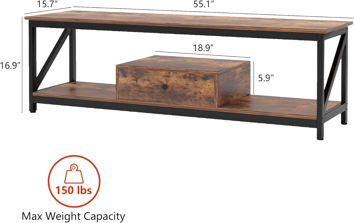 Diagram showing dimensions and weight capacity of the VERMESS TV Stand