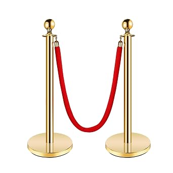 Stanchion Post with Velvet Rope, VIP Stanchion Queue Pole Barrier Posts, Red Carpet Stanchion Set, Gold 2-Pack