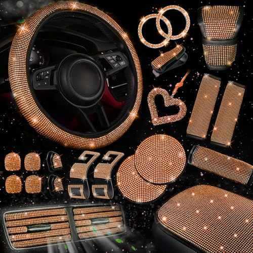NBTEPEM 30 Pcs Orange Bling Car Accessories Set for Women, Steering Wheel Cover Set, Bling Console Cover, Seat Belt Cushion, Shift Knob Cushion, Cup Holder Coaster, Rhinestone Car Hanging Accessories