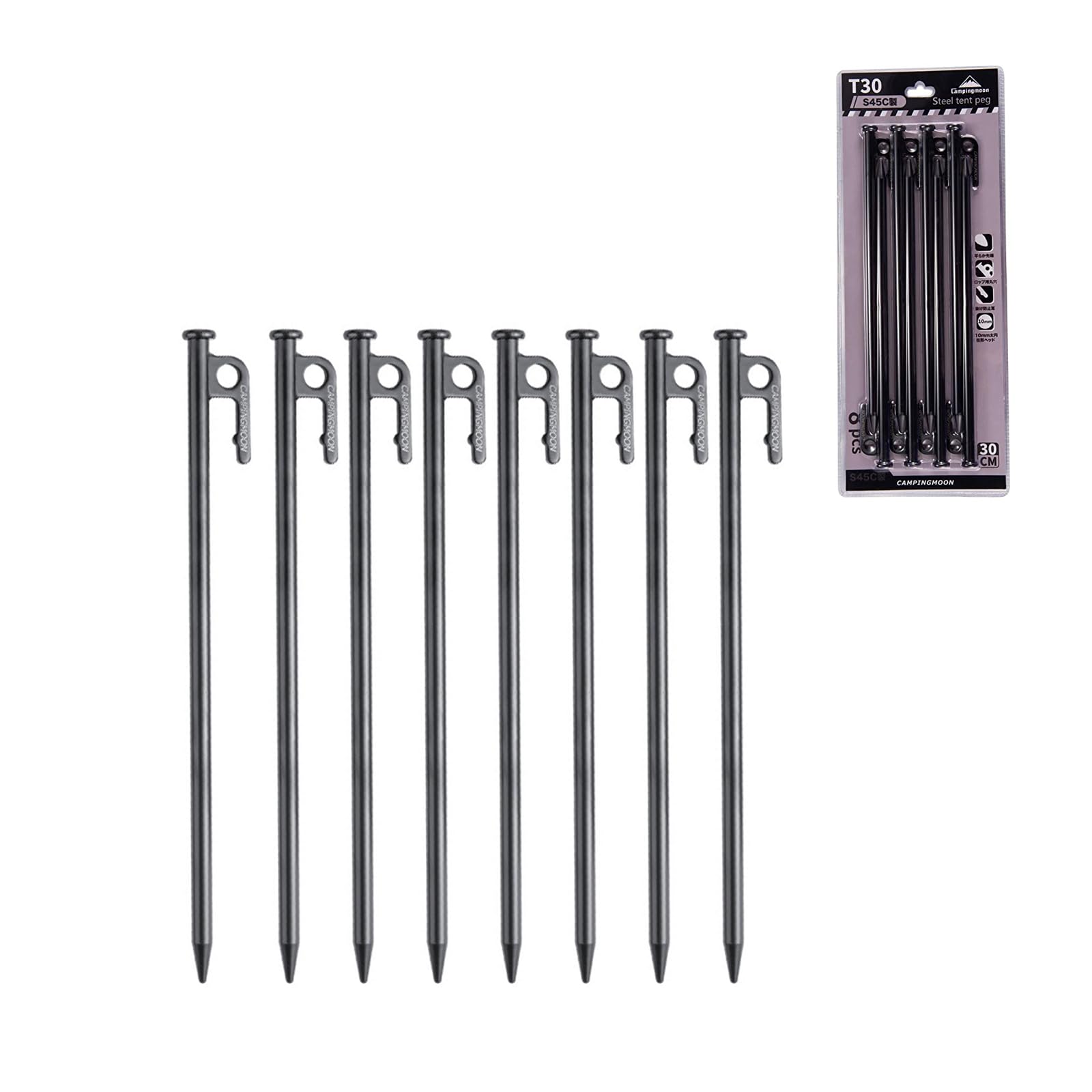 Campingmoon 8pcs Carbon Steel Tent Pegs Heavy Duty S45C Black Coating Camping Tent Stakes for Hard Ground T30-8 โ image 1