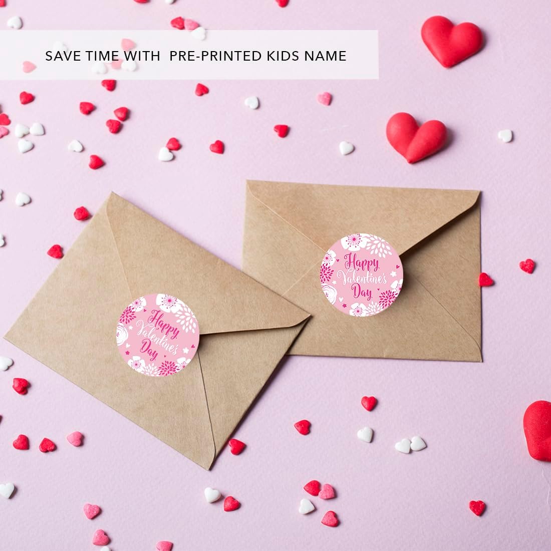 Andaz Press 2 Inch Round Valentine Flower Sticker, Large Pink Happy Valentines Day Stickers, Valentine Labels, Happy Valentine's Day Labels, 40 Pack Valentines Stickers for Kids