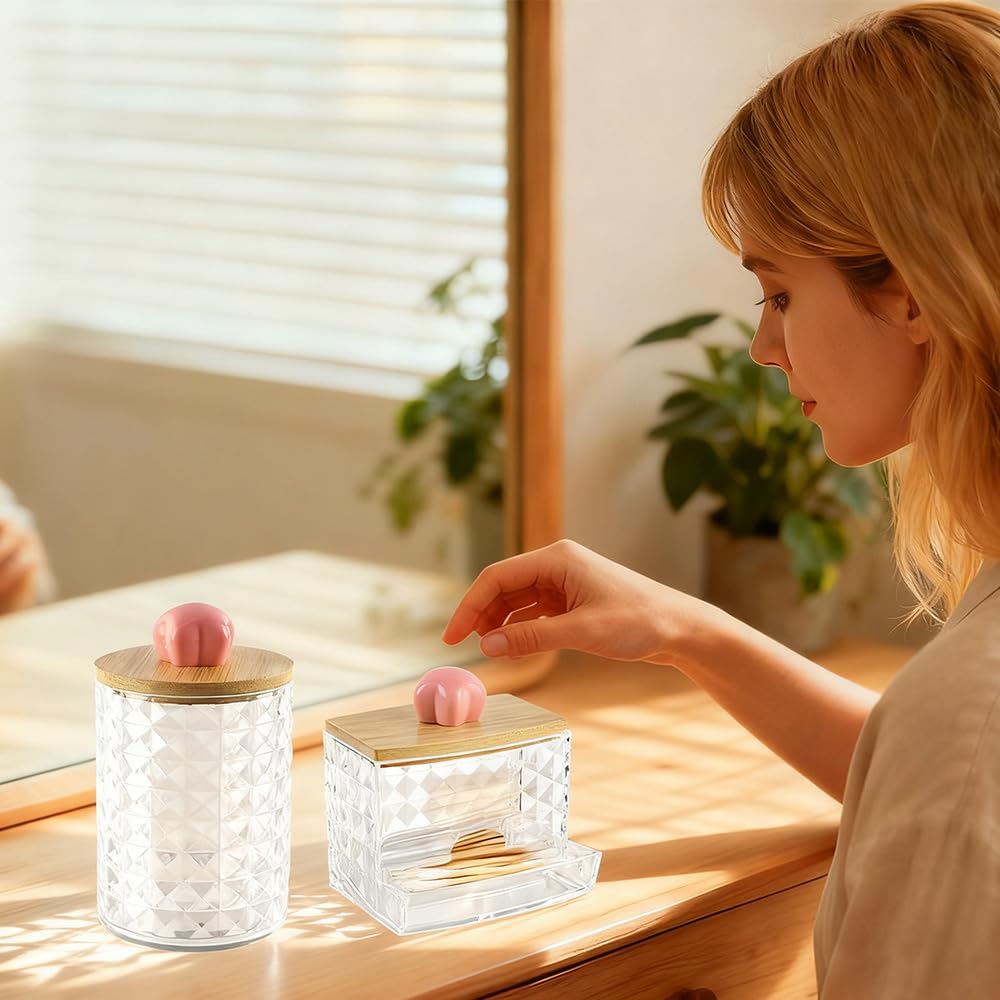 3 piezas Dispensador Discos Algodon, Dispensadores Discos Desmaquillantes, Caja de Almacenamiento de Hisopos de Algodón con Tapas de Bambú Contenedor, para Organizador de Almacenamiento de baño