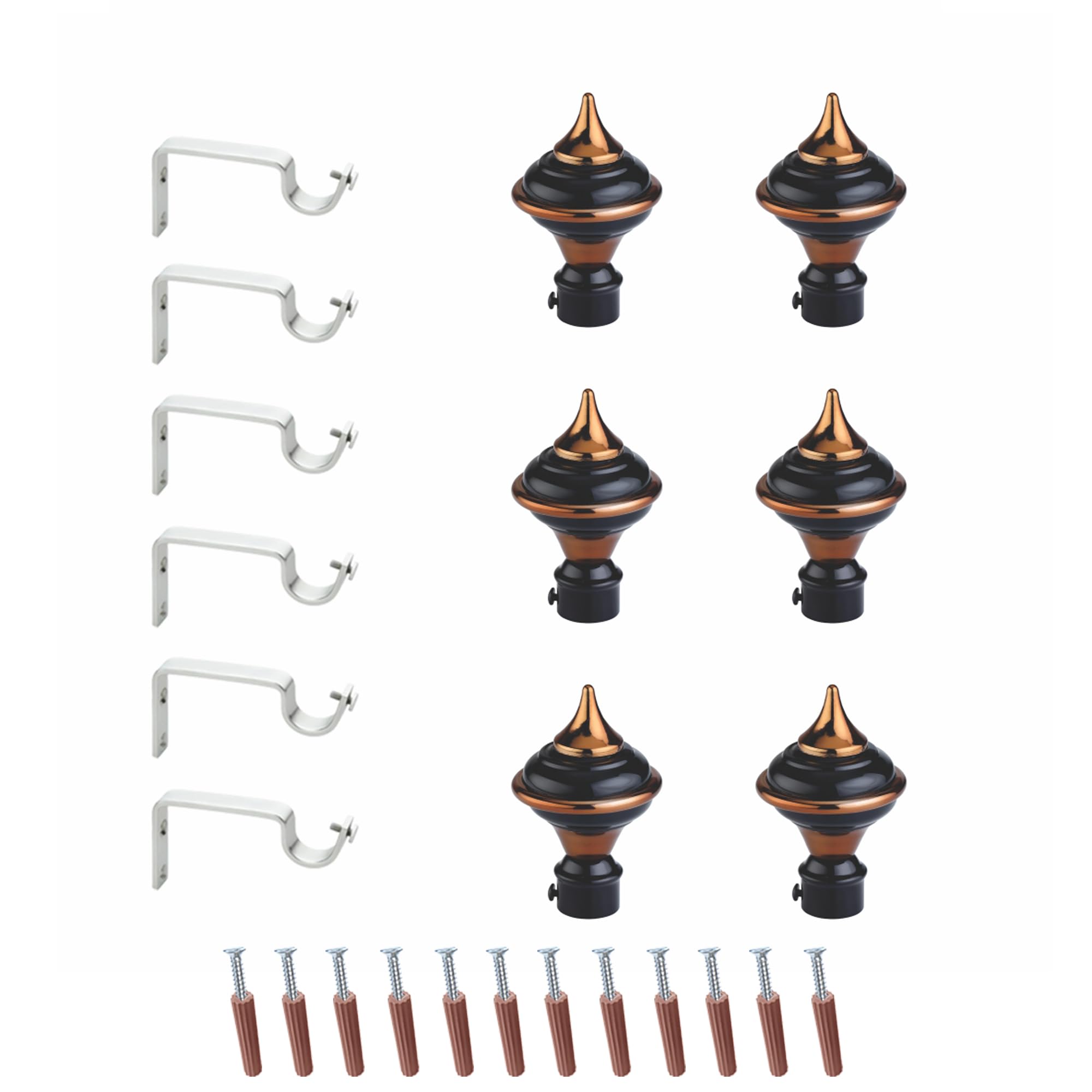 GLOXYStainless Steel Curtain Brackets Parda Holders with Support Fittings Designer 1 Inch Rod Pocket Finials for Door & Window (Pair of 2, Black Mix Coffee)