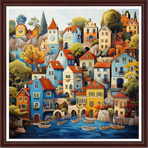 Image of Dooxvey Counted Cross Stitch Kits for Adults 11CT Printed Cross-Stitch Patterns Cross Stitching Embroidery Kit Stamped or Counted Needlepoint Kits-Seaside House Scenery 18x18 inch