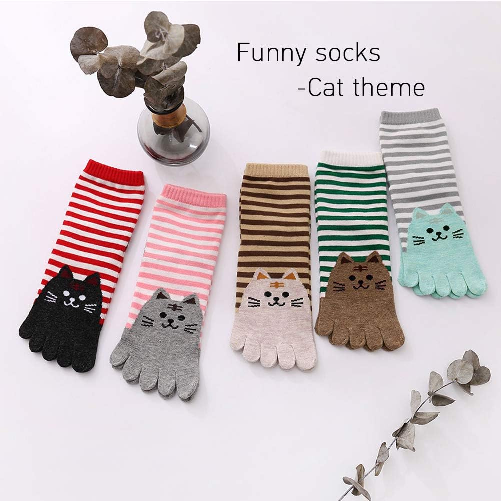Hellomamma Women's Toe Sock Cute Cat Dog Ankle Sock Cotton Athletic Running Five Finger Socks for Girls