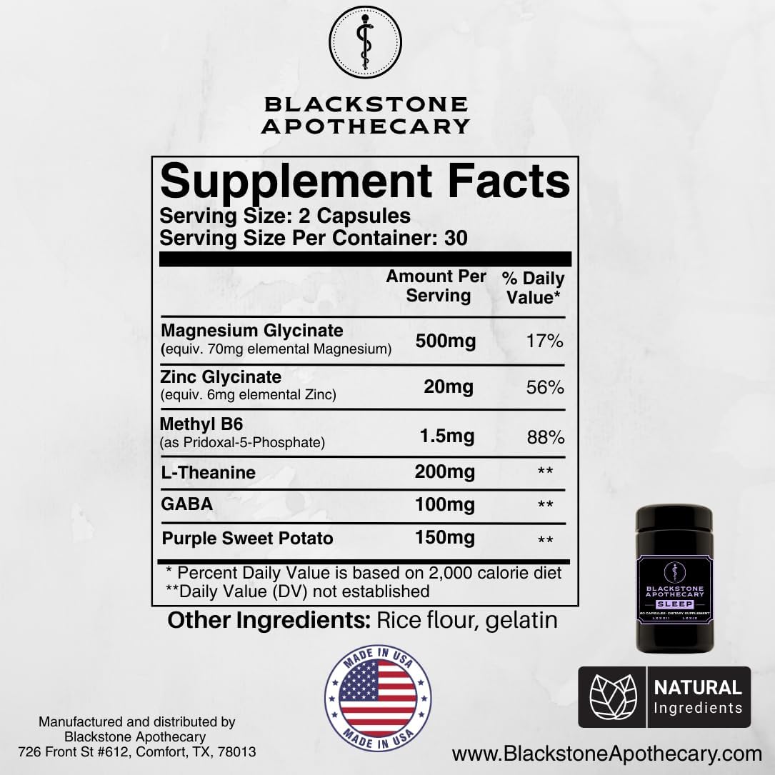 Sleep Supplement - Nutrient-Based - Magnesium Glycinate, L-Theanine, GABA, Active B6 (P5P), Zinc Glycinate - in Black Glass Jar - Natural Lavender Scent - by Blackstone Apothecary