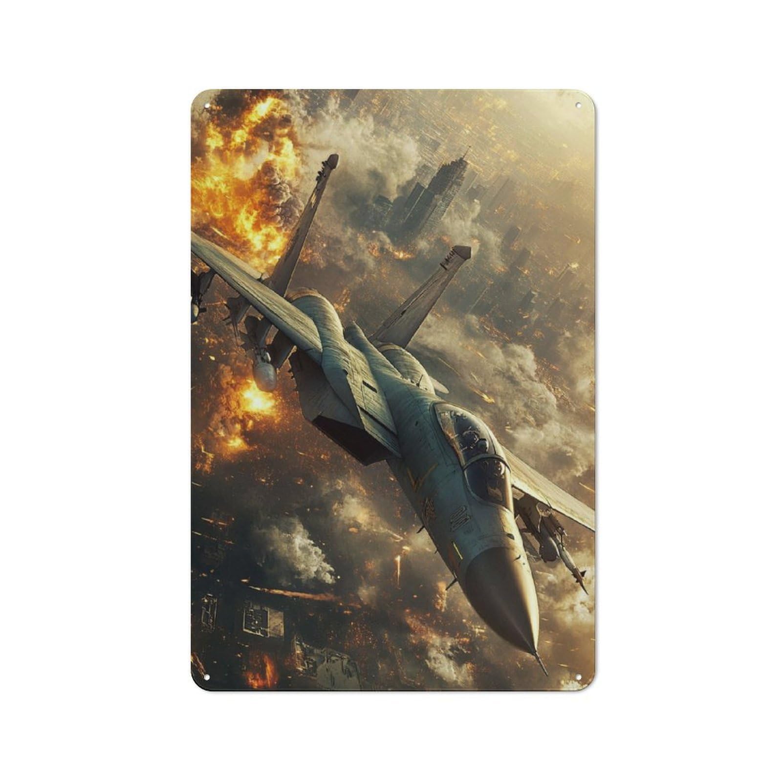 Junmoney Fighter Jet Over City Vintage Metal Sign 30X20cm For Man Cave Or Games Room, For Kitchen, Dining Room And Home Bar Wall Decor