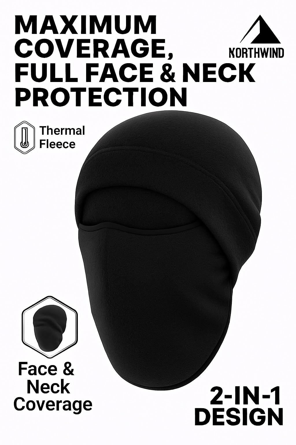 NORTHWIND Unisex Fleece 2-in-1 Hat Winter mask for Men Unisex Polar Fleece Thick Warm Full Cover Face Mask Winter Cap ski mask Winter Accessories for Men Cold Weather (Black) 1