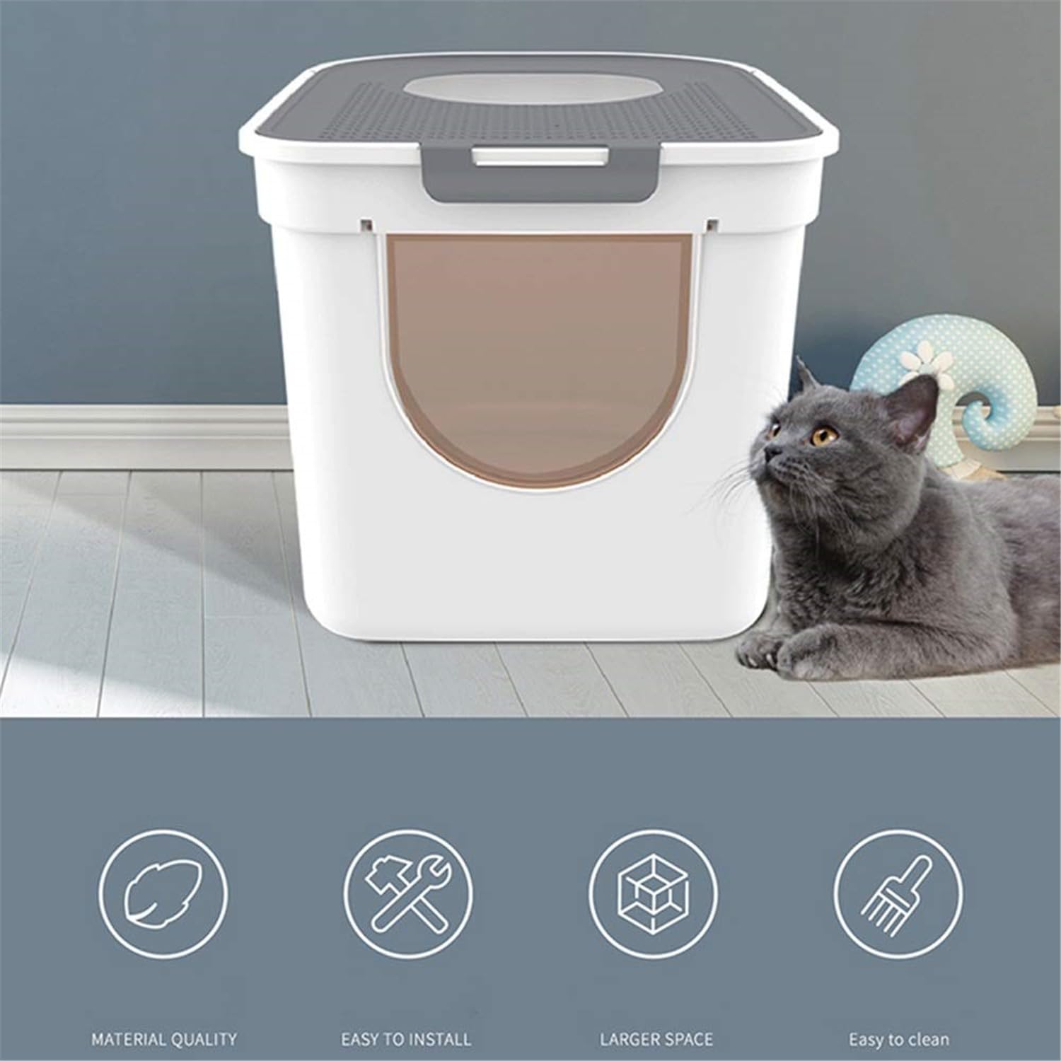 Lettiera per gatti a forma di cappello, porta d'ingresso con doppia porta d'ingresso, super grande spazio da 25 l, design con coperchio cavo, resistente agli spruzzi, WC per gatti