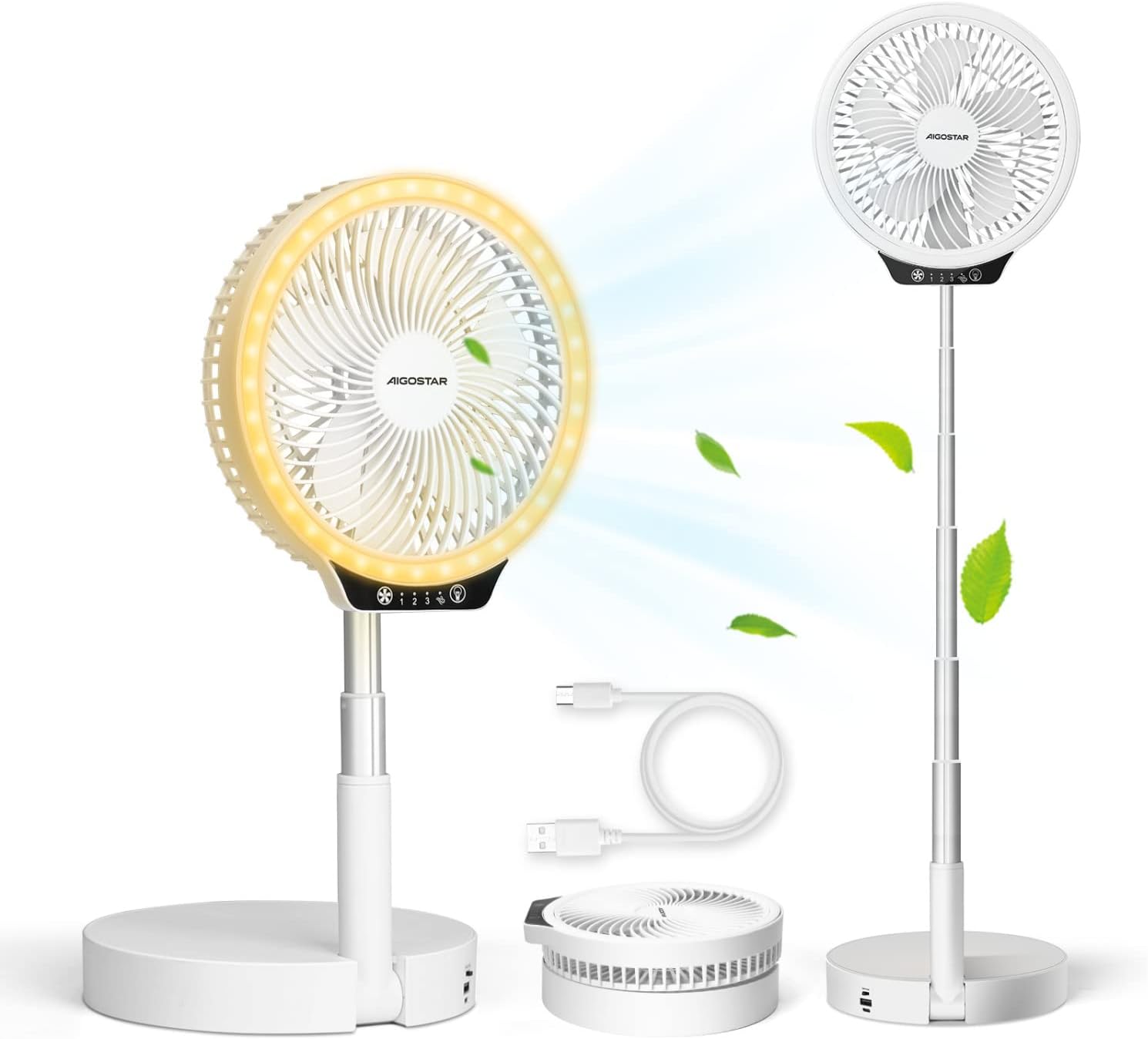 Aigostar Foldable Standing Cooling Fan with Night Light, 4 Speeds