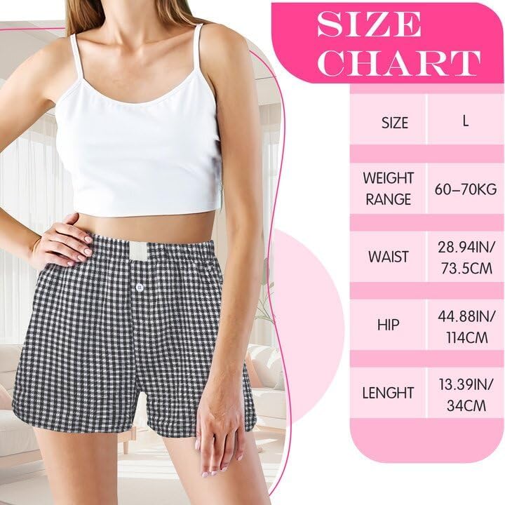 3 Pack Women's Boxer Shorts,Plaid Shorts for Women,Summer Casual Gingham Pajama Lounge Sleep Bottoms,Beach Bottoms (Light Pink, Light Blue, Black) - Image 2