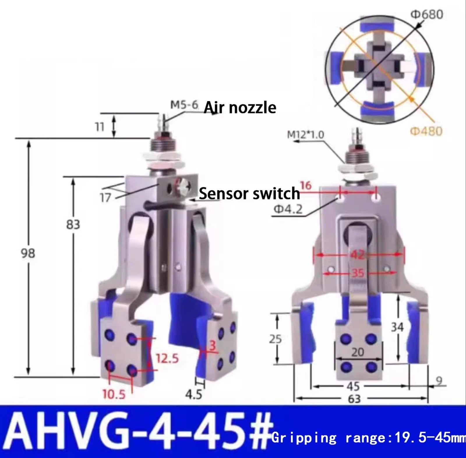 COKYIS Pneumatyczny cylinder oprawy cztery zaciski pazurowe z przełącznikiem czujnika ramię mechaniczne MINI chwytak cylinder na palec klips do wylewki wody (AHVG45)