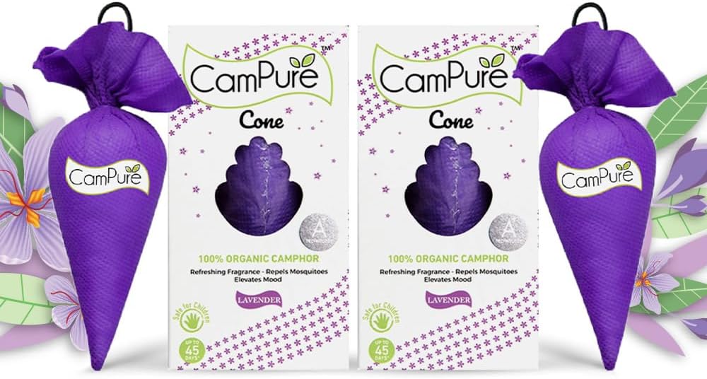 CamPure Camphor Cone (Lavender) Pack Of 2-100% Organic | Air Freshener For Car, Wardrobe, Office Cabin's, Drawers, Travel Bag & Bathroom