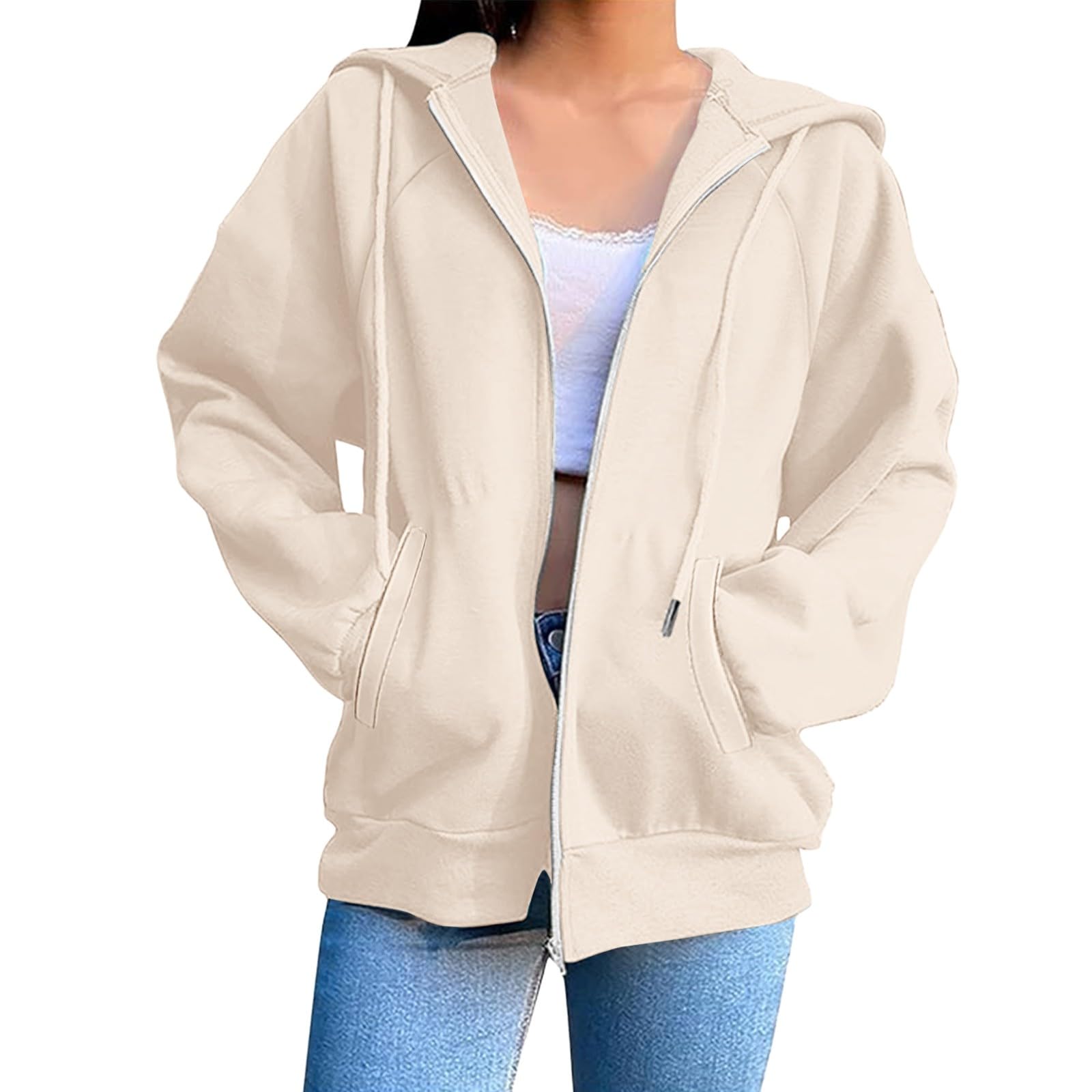 Sweat à capuche zippé 2025 pour femme - Veste polaire surdimensionnée avec cordon de serrage - Joli sweat à capuche léger pour l'automne avec poches