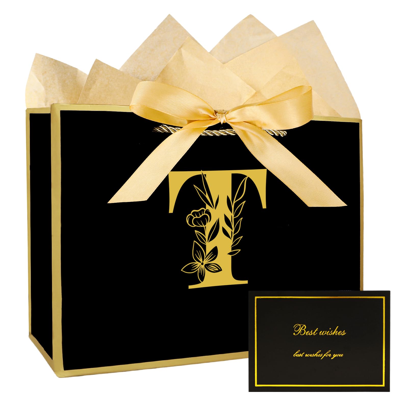 JEKUGOT Birthday Gift Bag for Men Women, Black Medium Gift Bags for Presents, Personalized Gifts Bags for Baby Shower, Weddings and Girls Birthday Party with Wrapping Paper and Card (Black T)