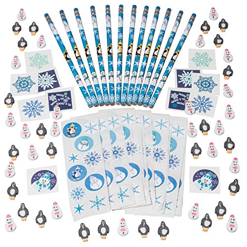 Christmas Stocking Stuffer Set, Included 12 Christmas Pencils, 48 Christmas Erasers, 120 Christmas Stickers and 12 Christmas Tattoos. (Best Holidays Stocking Stuffer) Great Christmas Craft Set