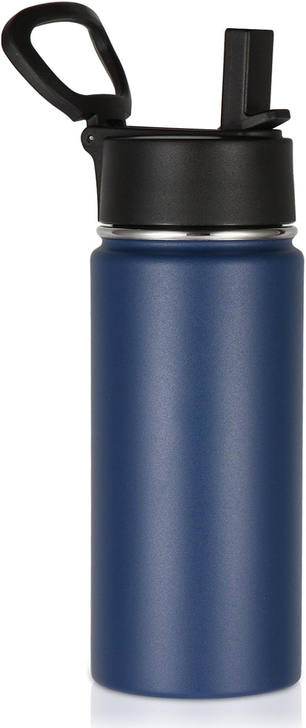 Volhoply Kids Insulated Water Bottle with Straw,16oz Stainless Steel Cold Water Bottles for School,BPA-Free Metal Wide Mouth Cups with Handle Lid,Reusable Double Wall Vacuum Sport Flask(Navy,1)