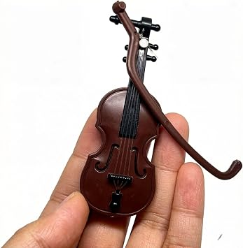 Brown Miniature Violin Collectible with Stand, Bow and Case, Dollhouse Musical Instrument Decoration