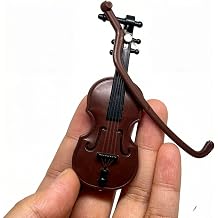 Brown Miniature Violin Collectible with Stand, Bow and Case, Dollhouse Musical Instrument Decoration