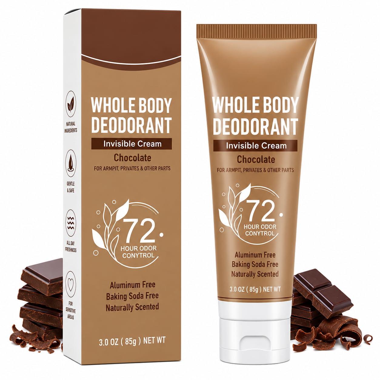 Whole Body Deodorant Cream for Men & Women, Invisible Chocolate Deodorant, 72 Hour Odor Control, Aluminum Free, Baking Soda Free, Long Lasting Freshness, Underarm Intimate Use, 85g-picture-48