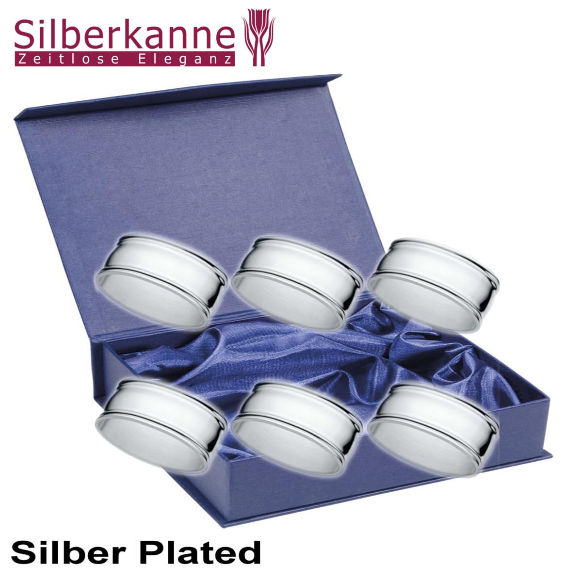 6er Set Serviettenringe versilbert – Fadenmuster L 6cm – Edle Silber-Plattierung für Stoffservietten inkl. Geschenkbox