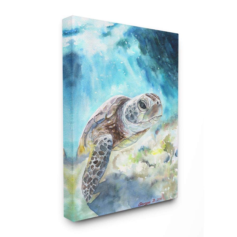 Stupell Industries Sea Turtle Ocean Animal Blue Watercolor Painting Canvas Wall Art, 16 x 20, Multi-Color