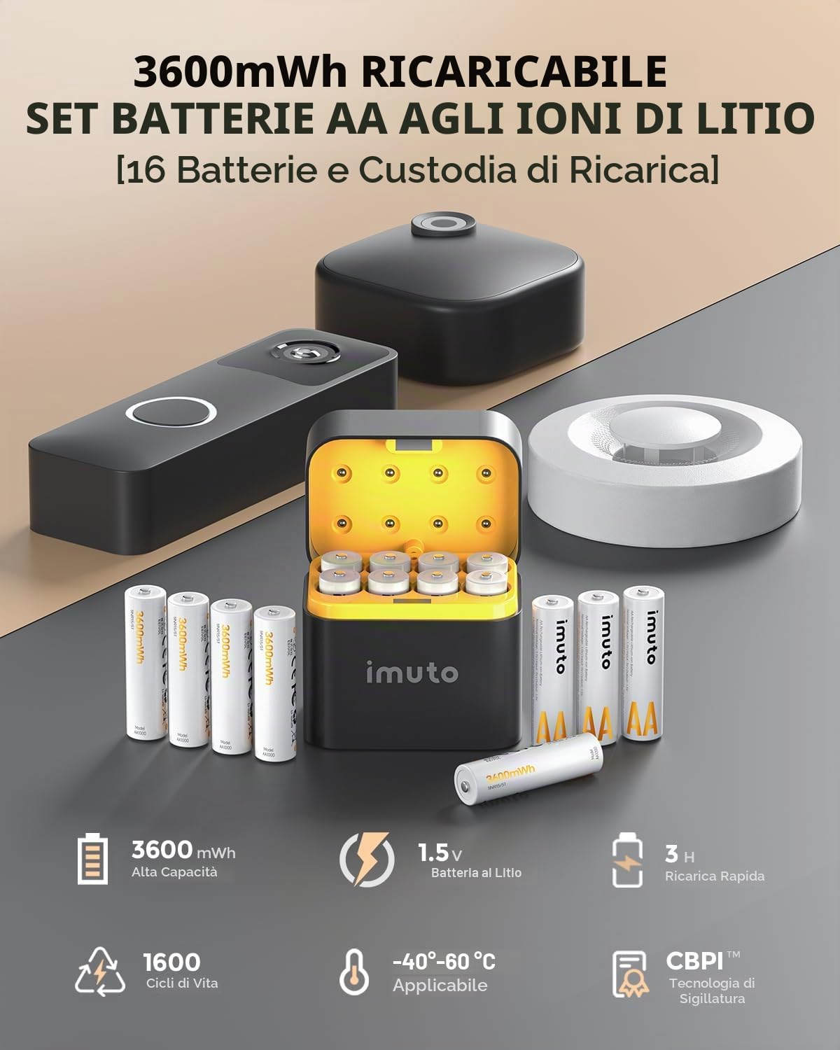 imuto Batteria AA ricaricabili da 1,5 V, 3600 mWh, Pile Ricaricabili AA Litio 1600 Cicli Con Display a LED Nero ricarica rapida, 16 pezzi