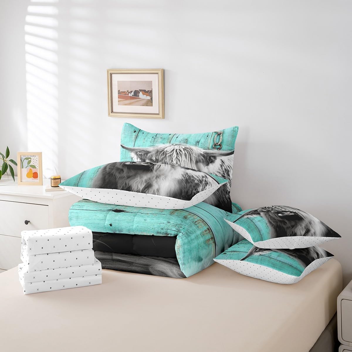 Erosebridal Highland Cow Comforter for Kids Boys, Bull Cattle Fitted Sheet Queen Size Retro Wooden Board Flat Sheet Farm Animal Pillow Cases Rustic Farmhouse Throw Pillow Covers, Grey Teal