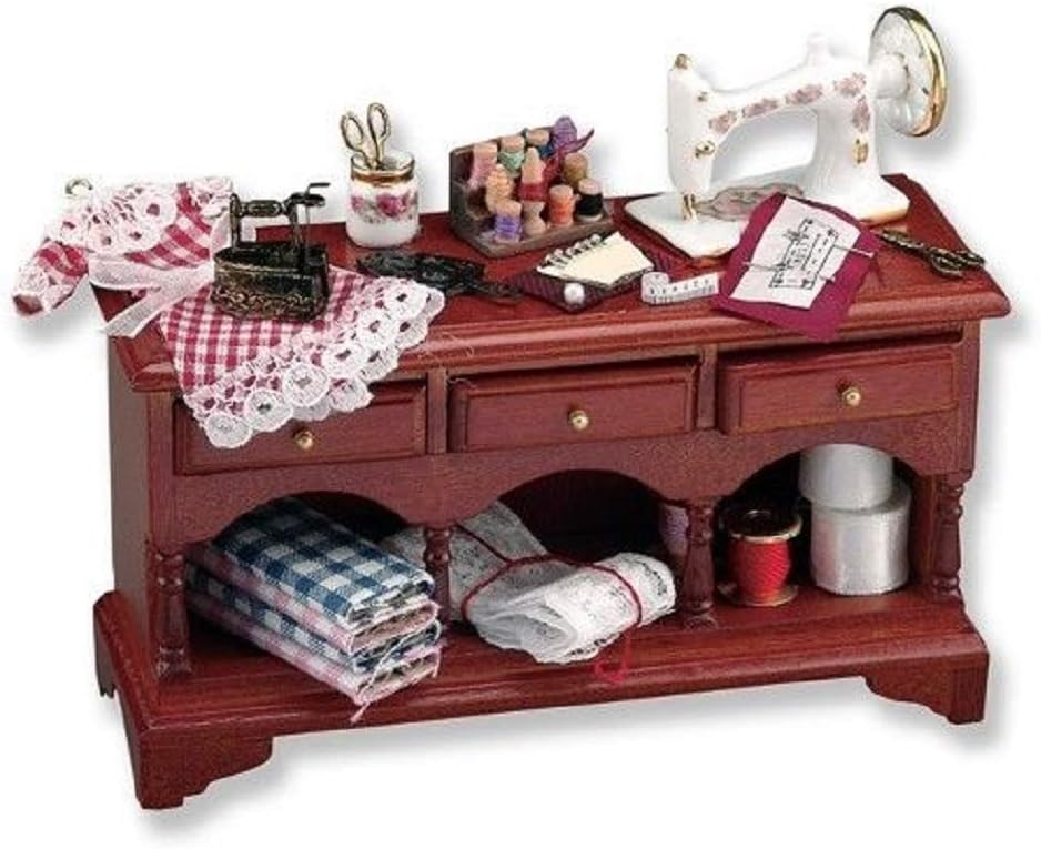 Melody JaneDolls House Walnut Sewing Table & Accessories Reutter Porcelain Furniture