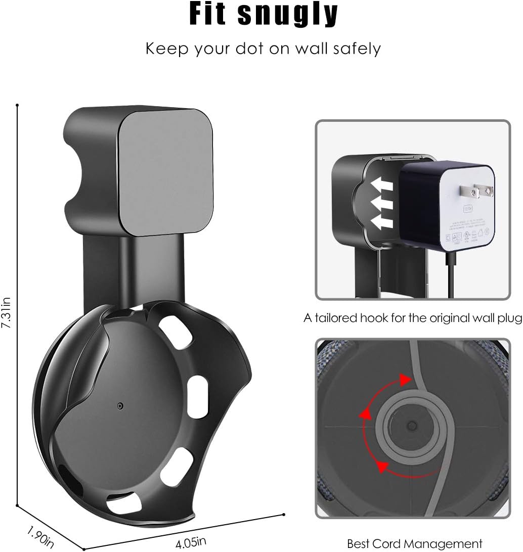 Outlet Wall Mount Compatible with Alexa Echo Dot 3RD Generation, Hanger Holder, Cord Arrangement, Best Space-Saving Solution, Hide Messy Cable, 2 Pack(Black)