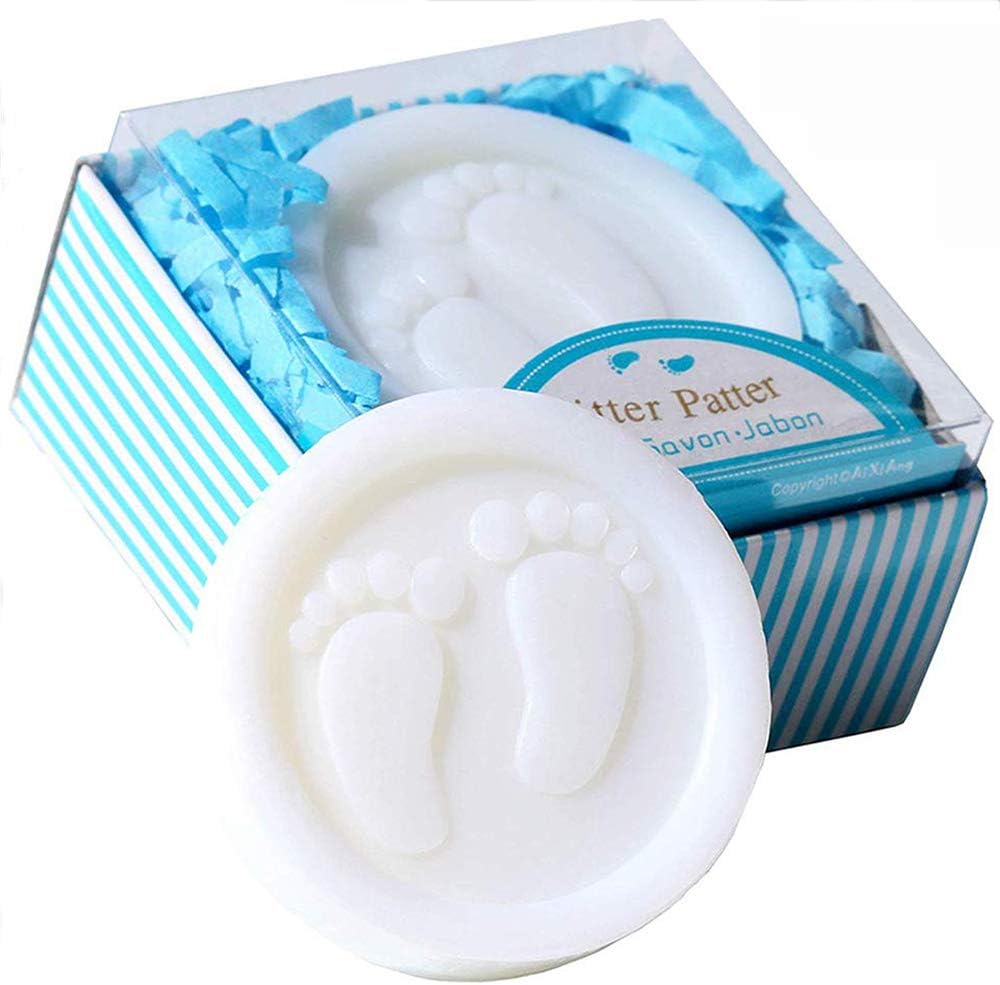 AIXIANG Handmade Blue Pitter Patter Soap Favors Gift Packaging for Baby Boy Shower Favors for Guests (24 Pack)