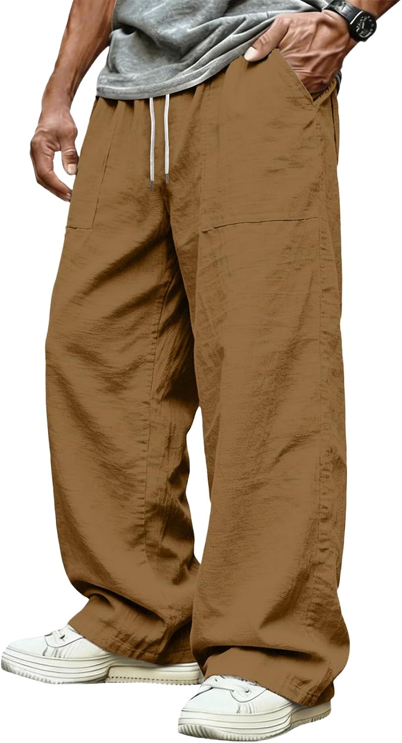 Mens Linen Pants Cotton Linen High Rise Loose Fit Work Trousers Comfy Elastic Drawstring Breathable Travel Yoga Casaul Pants