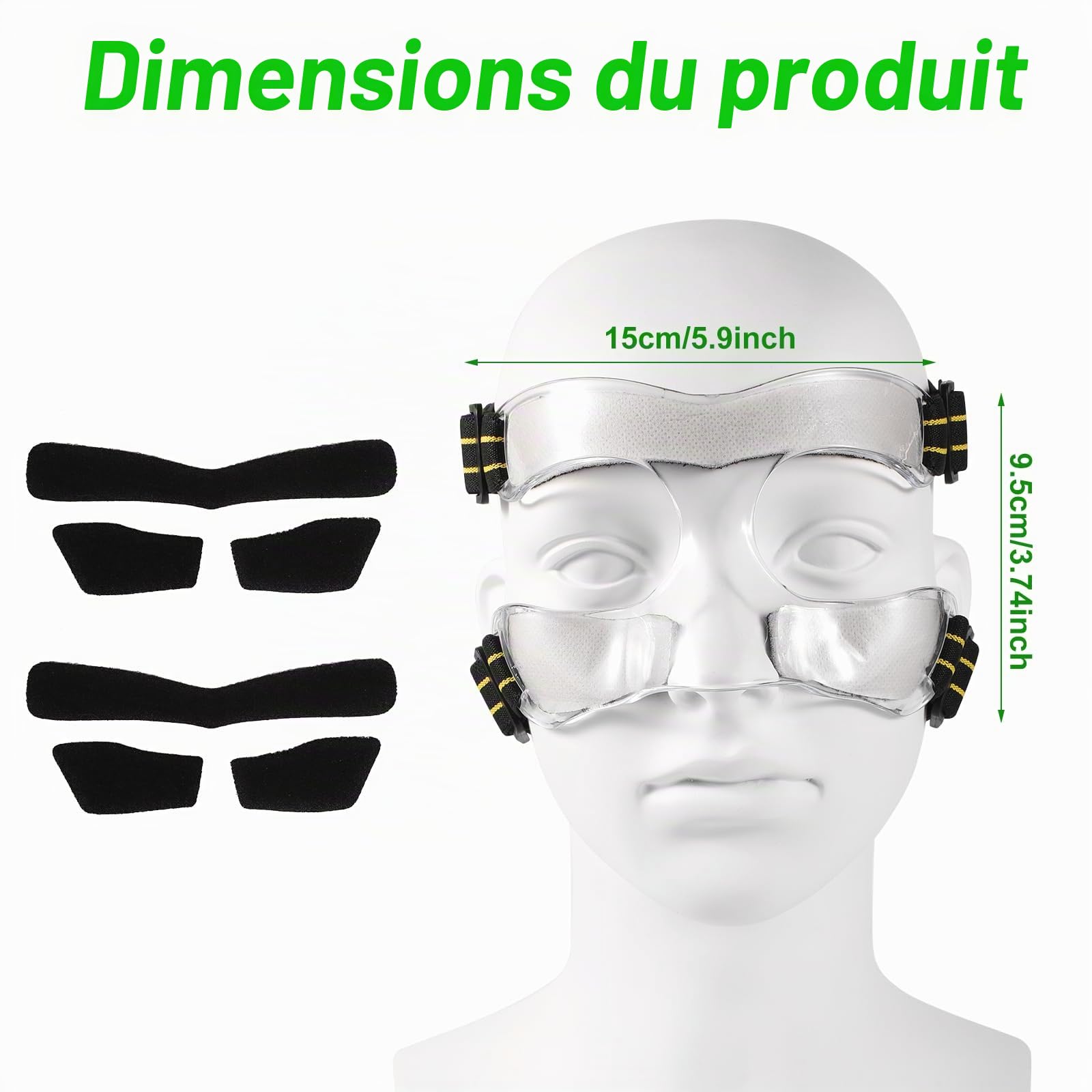 Protège Nez Cassé, 15x9,5cm Protège Nez Jaune Noir Masque pour Nez Cassé de Sport Réglable avec Rembourrage Protection du Nez pour Le Basket-Ball Football Baseball (Demi-Couverture)