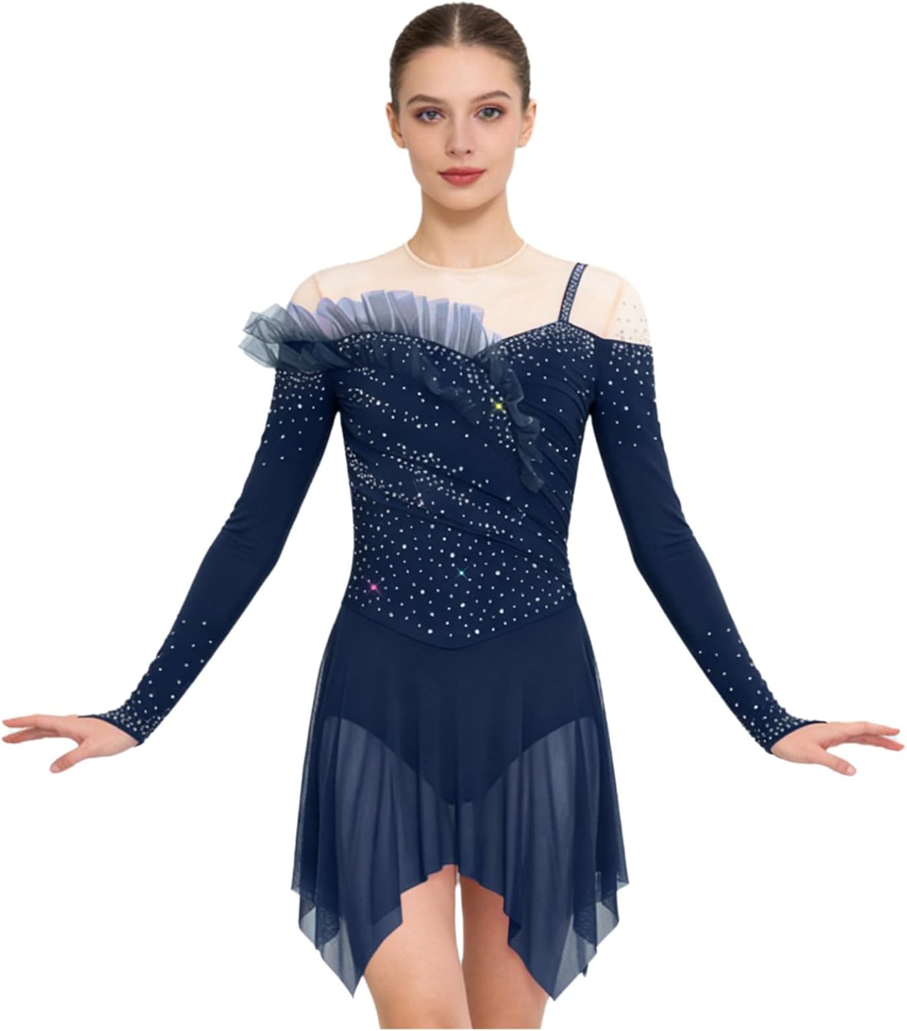 TiaoBug Women's Figure Skating Competition Dress Long Sleeved Hook Finger Gymnastics Skirted Leotard