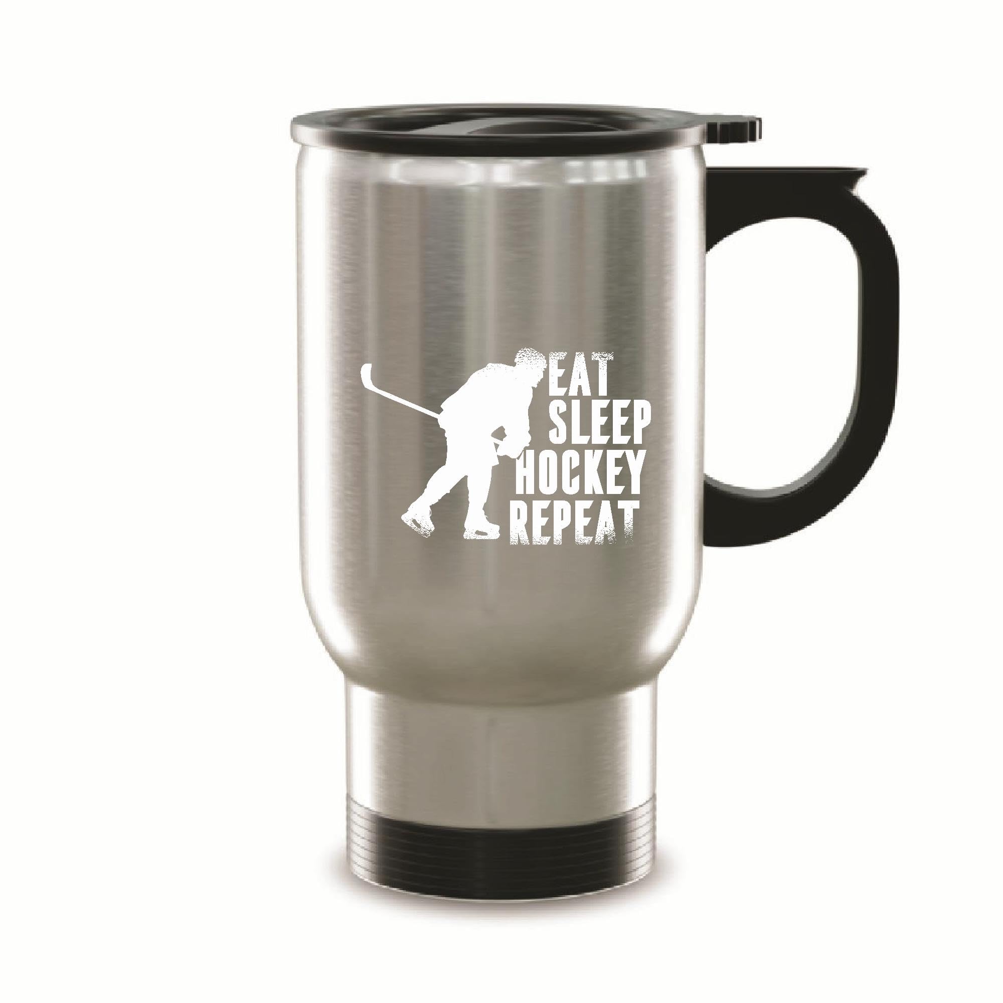 Hockey Lovers Gift Unique Quote Design Eat Sleep Hockey Repeat 14oz Steinless Steel Travel Mug