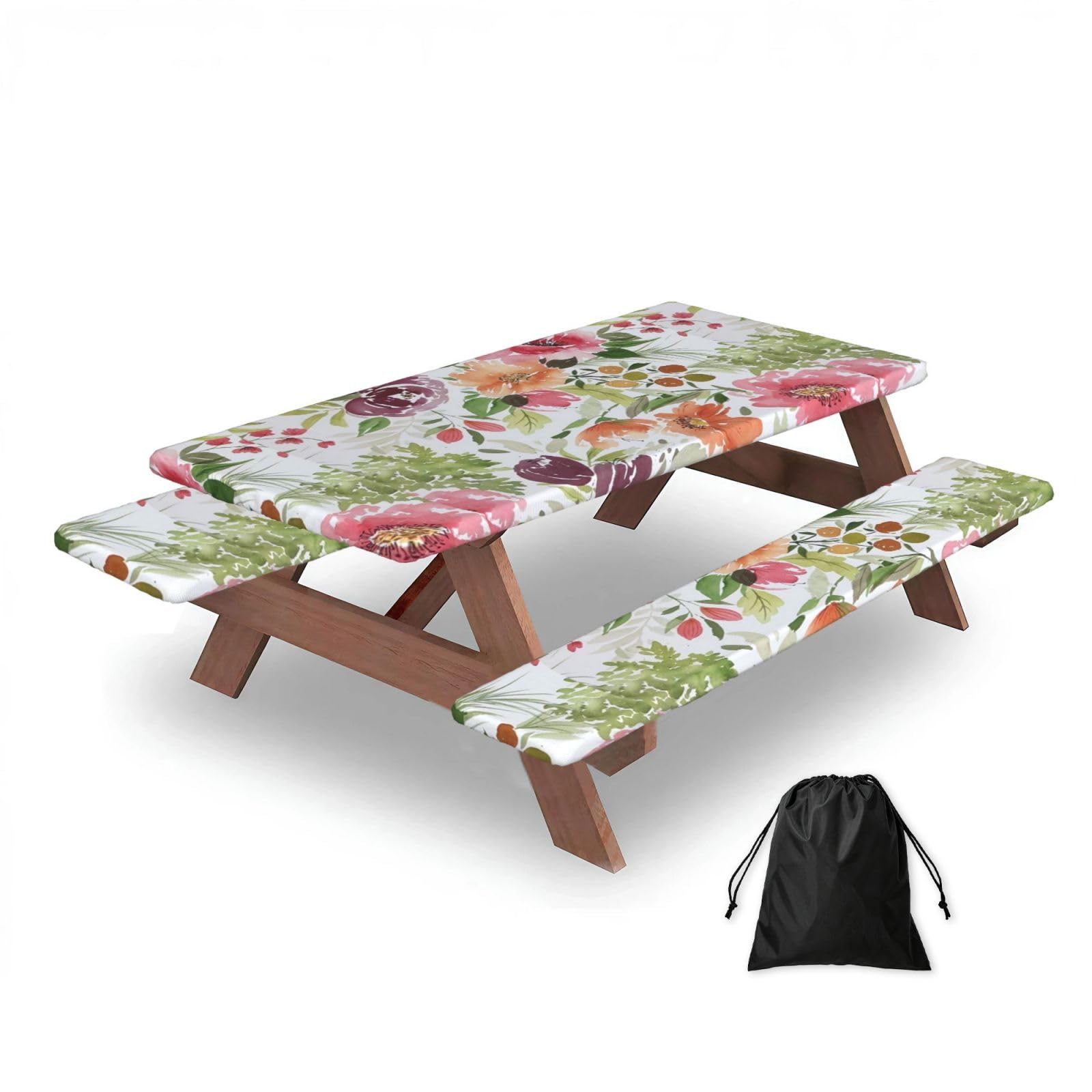 Dopklna As Picture Peach Peony, Picnic Table Cover With Bench Covers -Waterproof Elastic Fitted Tablecloth For Garden Camping Patio 76X152cm