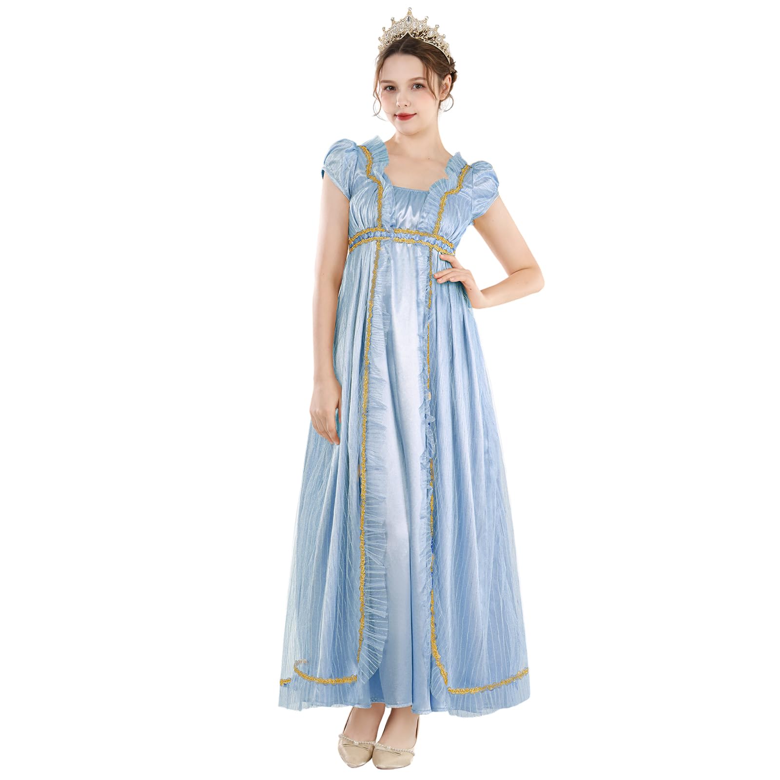 CR ROLECOS Regency Dress Women Blue Regency Costume Victorian Gown Empire Waist Tea Party Dresses with Gloves M — image 1