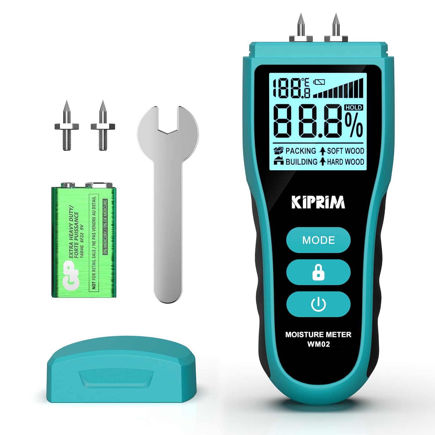 Kiprim Pin-Type Moisture Meter for Wood, Wall, Package, Buliding– Digital Moisture Detector with LCD Display, Temperature (°C/°F), Hold Function, 4 Material Modes, Replacement Pins Included WM02