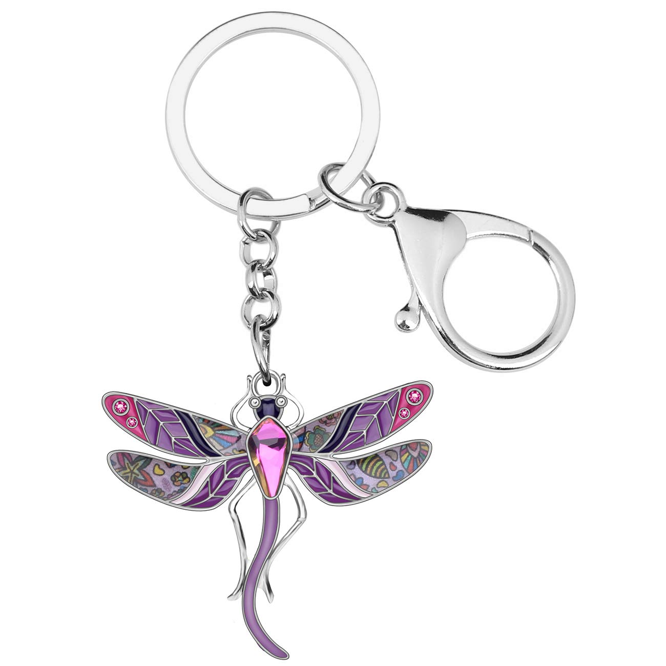 Bonsny Women's Purple Enamel Alloy Rhinestone Floral Dragonfly Keychains Key Car Purse Bags Charms Nature Design (Purple)