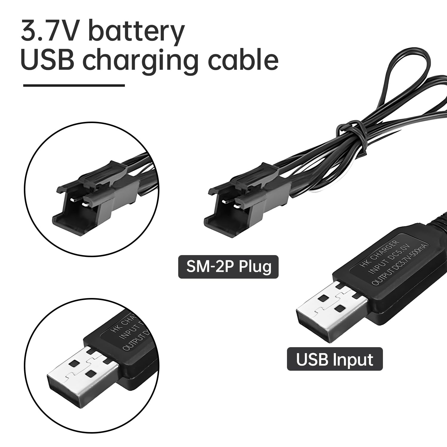 Fytoo 2PCS 3.7V 500mAh USB Charging Cable with SM-2P Plug Connector for RC Vehicles