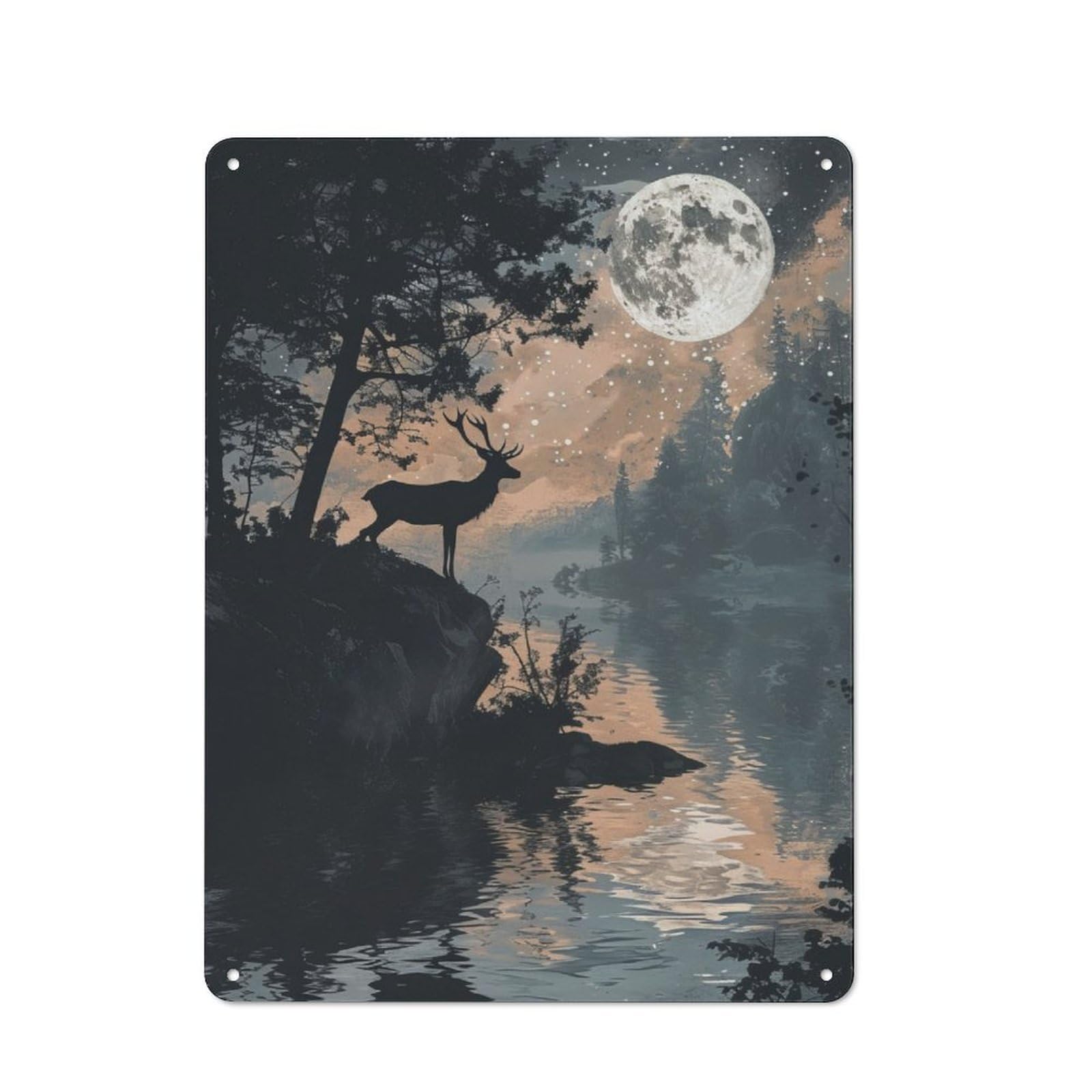 Junmoney Deer Silhouette By Moonlit Retro Metal Wall Decor 40X30cm, Vintage Metal Sign For Coffee Bar, Small Shop Or Dining Room