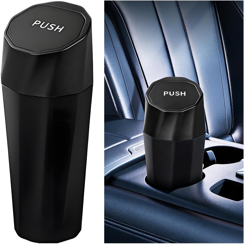 Car Trash Can with Lid, Leakproof Vehicle Cup Holder Trash Bin Garbage Container Organizer, Portable Auto Interior Dustbin Garbage Can, Universal for SUV Van Truck (Black)