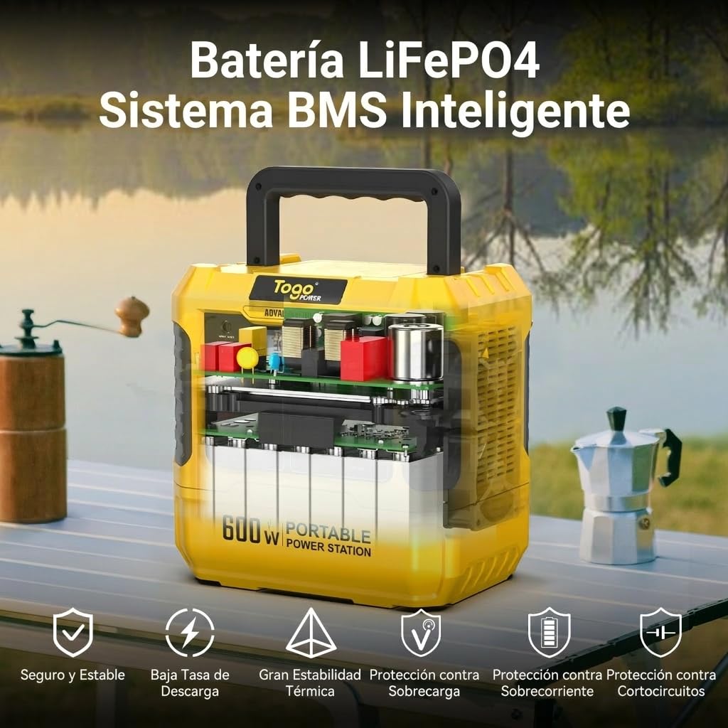 Togo POWER estación de energía portátil 600W 560Wh, generador solar con batería LiFePO4, pantalla LCD, 4 modos de carga y 6 salidas para camping y cortes eléctricos