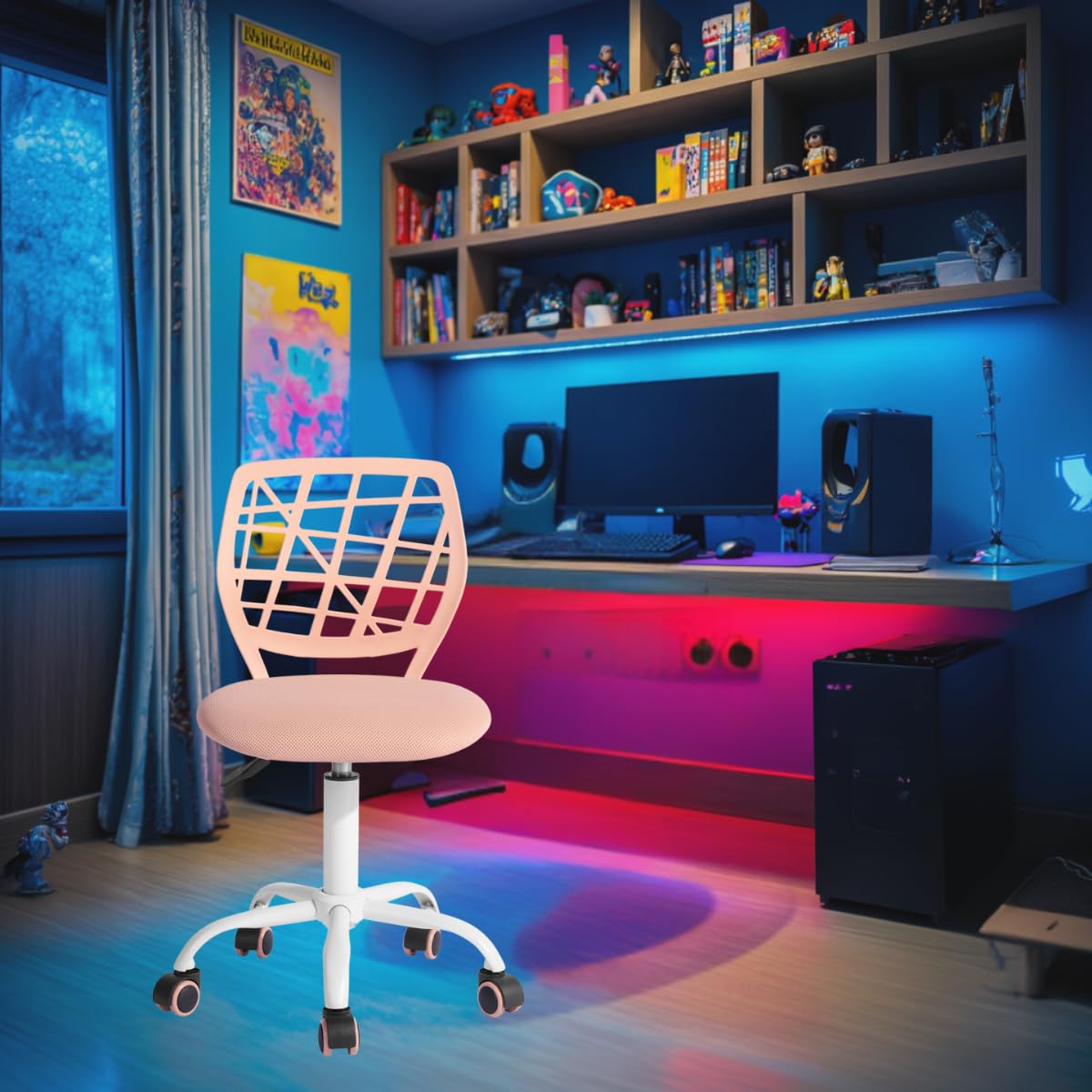 FurnitureR Compact Gaming Chair, Hollow PP Backrest, Adjustable Height, Ergonomic Swivel Sponge Seat, 5-Wheel Iron Base, for Teens & Kids Drawing, Gaming, Classroom, Pink, 38.5 x 40 x 87 cm