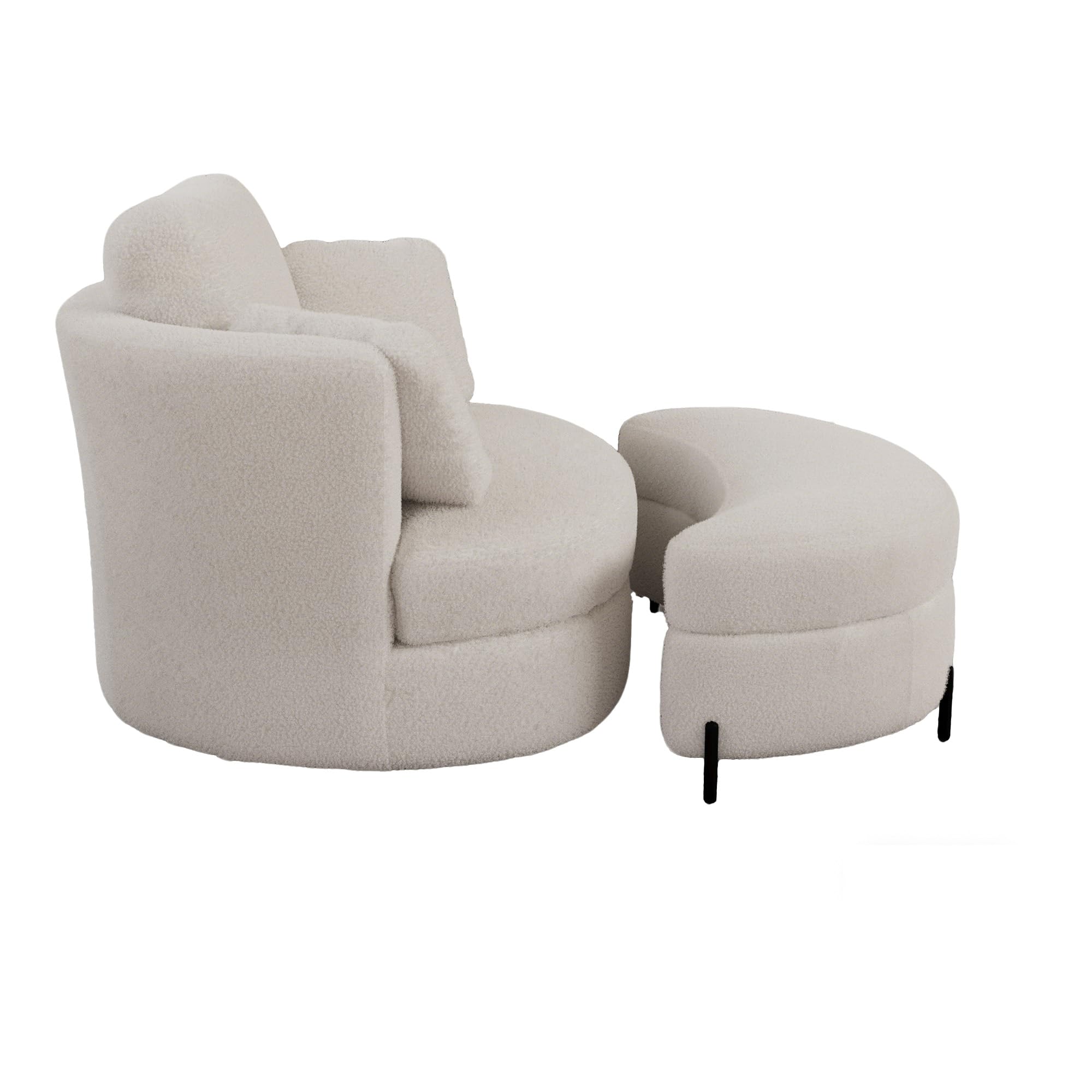 Poltrona XXL moderna con sgabello a forma di luna, in pelliccia di agnello, 3 cuscini utilizzabili separatamente, imbottitura altamente elastica (2, avorio)