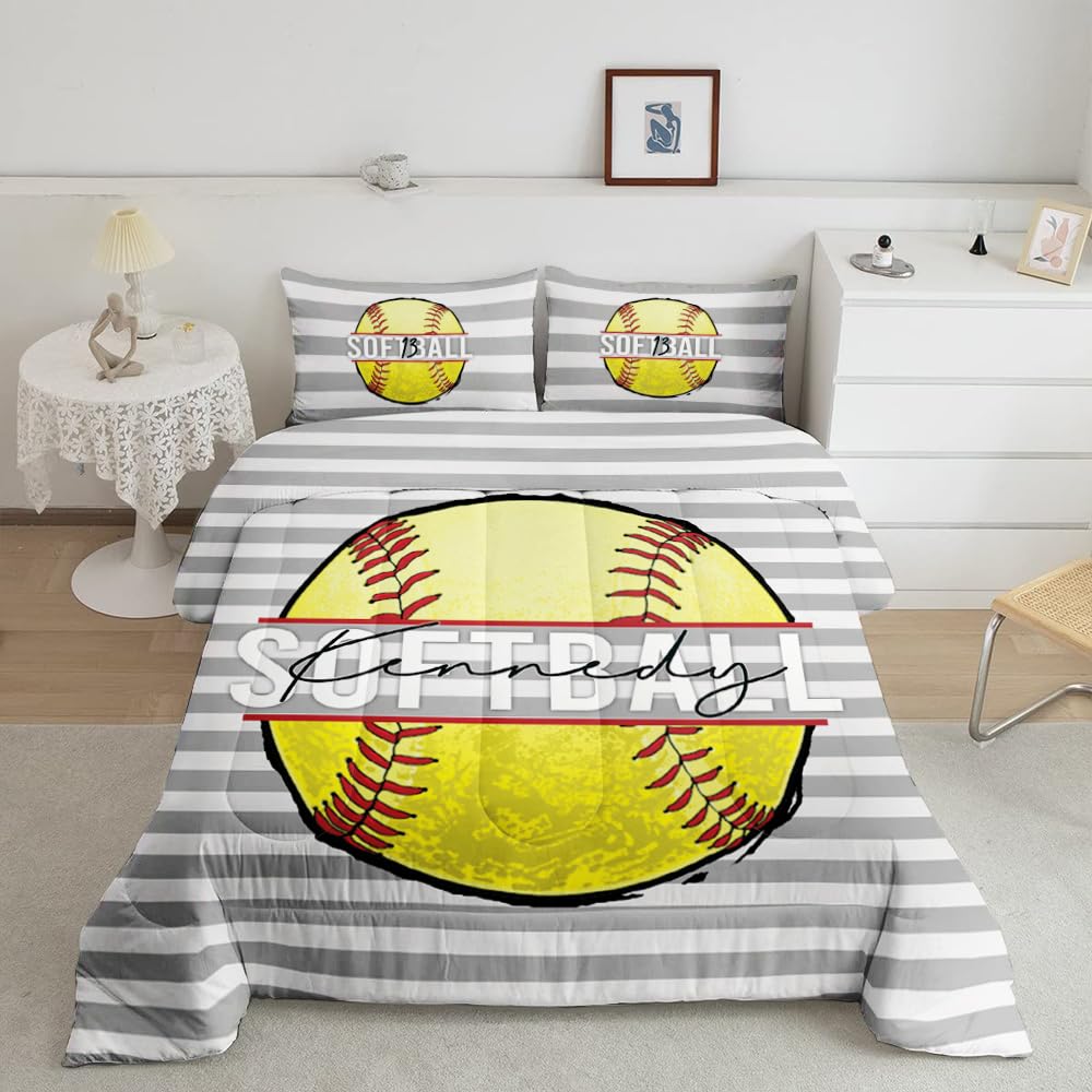 SATIGI Softball Ball Sports Comforter Set – Bright Teal Yellow Bedding for Women & Girls, Decorative Soft Cozy Bedroom Set Available in Twin, Queen,
